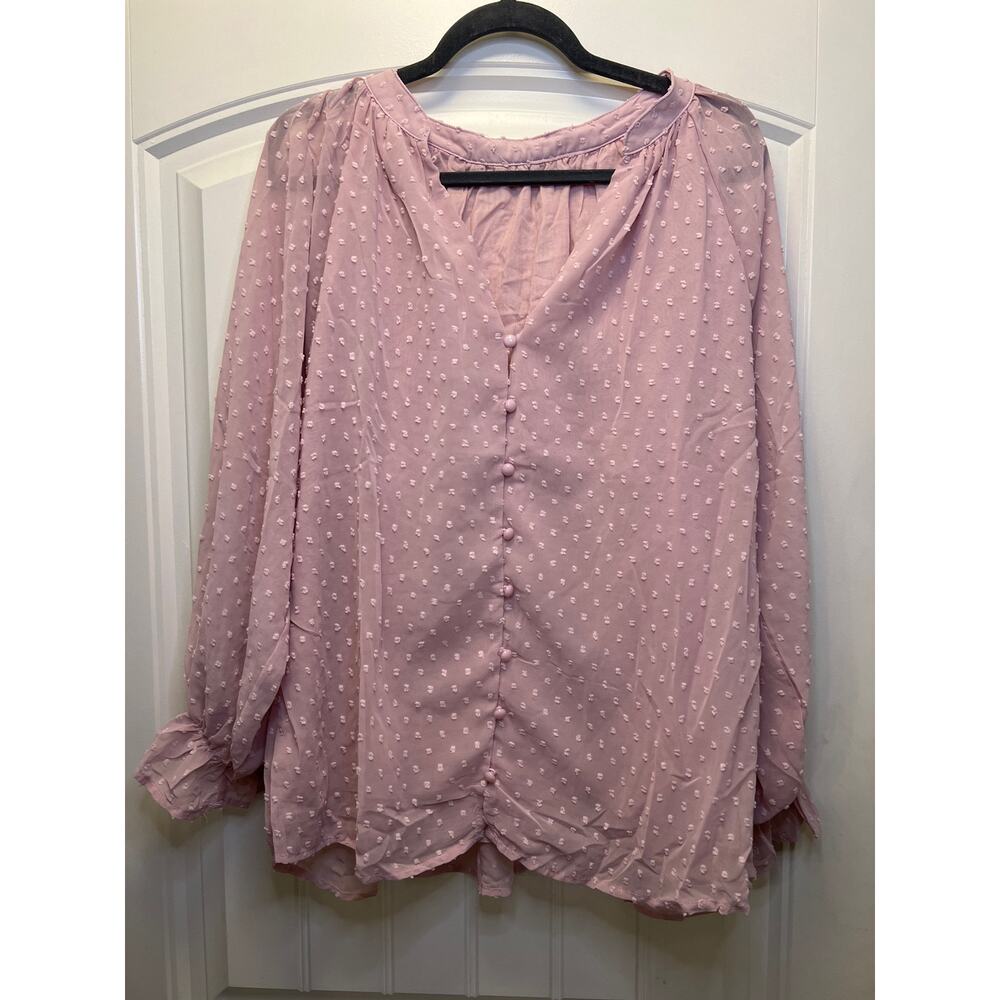 Women’s V-Neck Button Down‎ Puff Long Sleeve Lightweight Blouse Top Size XL Pink